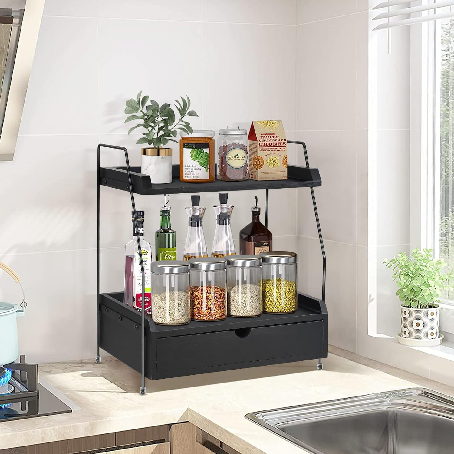 Latitude Run 2 Tier Wood Bathroom Countertop Organizer With Drawer